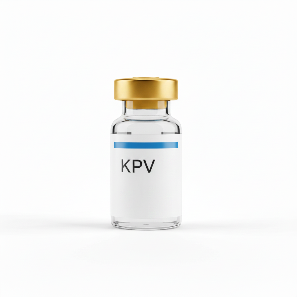 KPV 10mg lyophilised peptide vial with bacteriostatic water, syringes, and alcohol swabs for anti-inflammatory and gut healing research