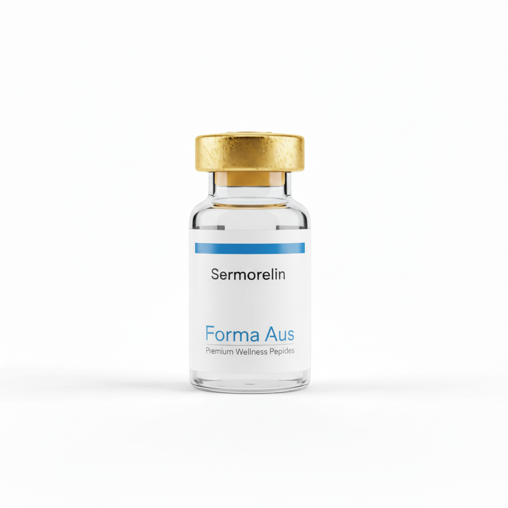 Sermorelin 10mg lyophilised peptide vial with bacteriostatic water and syringes for growth hormone research